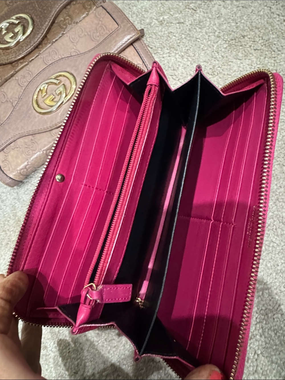 Pick one: Gucci Brown or Dusty Blush Leather Wallets OR Pink YSL Zip wallet - Picture 2 of 16